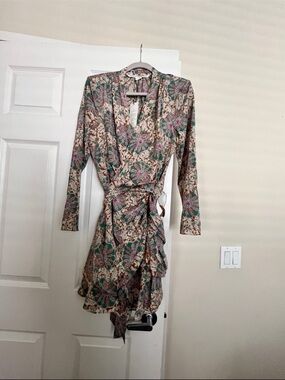Veronica Beard Cream Floral Long-Sleeve Wrap Dress with Teal and Pink Accents